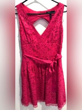 BCBG Katrina mini dress sequins lace pink fuschia cut out prom party flare 10